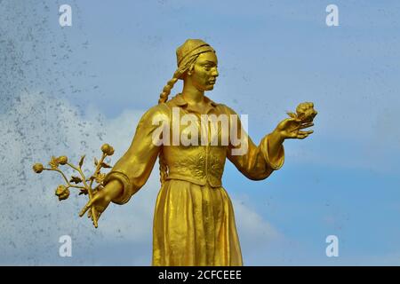 Moskau, Russland - 25. august 2020: Fragment eines Brunnens Freundschaft der Völker mit goldenen Statuen, der Hauptbrunnen und eines der wichtigsten Symbole von V. Stockfoto