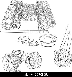 Philadelphia Sushi-Brötchen Set. Traditionelle japanische Küche. Sushi Set Objekte, Essstäbchen, Wasabi, Ingwer, Soja. Vektorgrafik für Linien isoliert auf weißem Hintergrund. Malbuch Stock Vektor