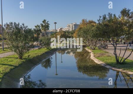 Schöne Landschaft der Turia River Gardens Jardin del Turia, Freizeit-und Sportbereich in Valencia, Spanien. Mit Bäumen, Gras und Wasserspiegeln Stockfoto