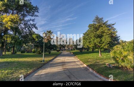 Jardines del Real, Spaziergang zwischen Bäumen - Viveros Valencia, in der Nähe von alten trockenen Flussbett des Flusses Turia Stockfoto