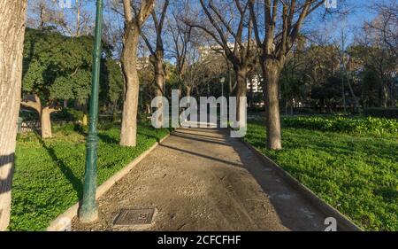 Jardines del Real, Spaziergang zwischen Bäumen - Viveros Valencia, in der Nähe von alten trockenen Flussbett des Flusses Turia Stockfoto