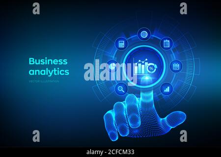 Business Data Analytics und robotisches Prozessautomatisierungs-Konzept auf virtuellem Bildschirm. Gewinn und Umsatz des Unternehmens, BI oder KPI-Konzepts. Drahtmodell Hand Stock Vektor