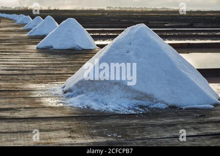 Traditionelle Salzgewinnung Lager Salinas mit Haufen von extrahierten Salz Bei Sonnenaufgang - Figueira da Foz, Portugal Stockfoto
