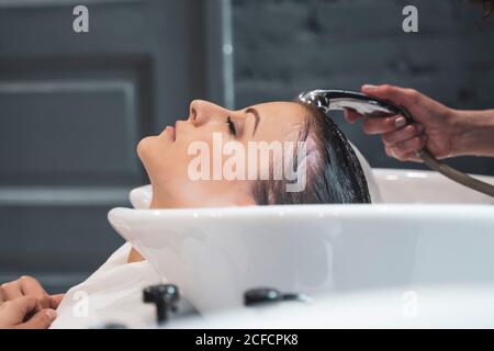 Stylistin Waschen Haare für junge Dame Stockfoto