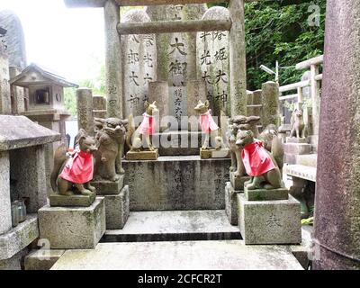 Shabby Fuchs und Hund Skulpturen in der Nähe des alten Denkmals in Hof des Shinto-Tempels in Japan Stockfoto