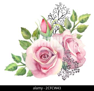 Ein Bouquet aus rosa Rosenblüten, grünen Blättern, roten Beeren, dekorativen Zweigen auf weißem, isoliertem Hintergrund. Blumenplakat, Einladung. Aquarell Stockfoto