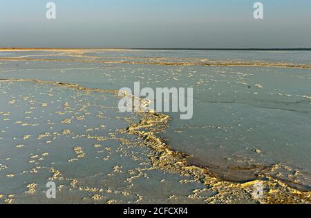 Kruste aus Steinsalz auf dem Assale Salt Lake, Lake Assale, 100m unter dem Meeresspiegel, Hamadela, Danakil Depression, Afar Triangle, Äthiopien Stockfoto