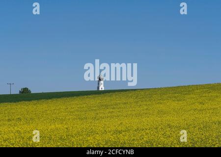 Deutschland, Bayern, Oberbayern, Altötting, Landschaft, Rapsfeld, Kirchturm Stockfoto