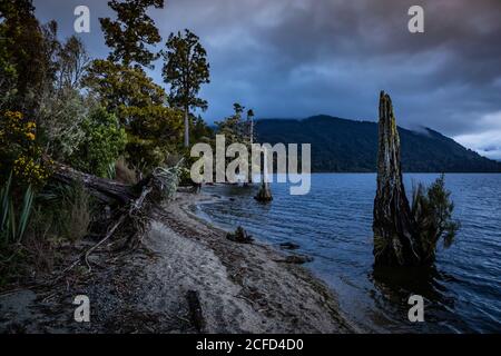 Abendstimmung am Ufer des Brunner Sees, Südinsel Neuseeland Stockfoto