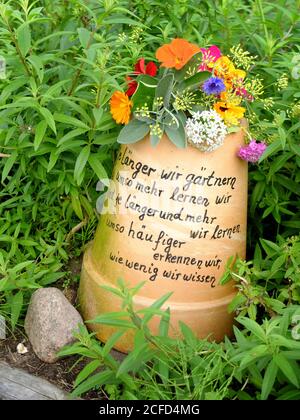 Umgedrehter Terrakotta-Topf mit Spruch, als Gartendekoration Stockfoto