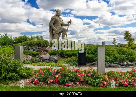 Die Wikingerstatue und Gärten in Gimli, Manitoba, Kanada. Stockfoto