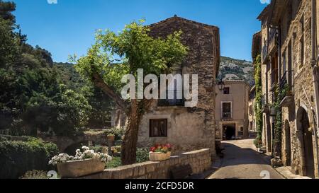 Dorfallee in Saint Guilhem le Désert im Frühling. Das Dorf gehört zu den Plus Beaux Villages de France. Das Hotel liegt an der Pilgerroute nach Stockfoto