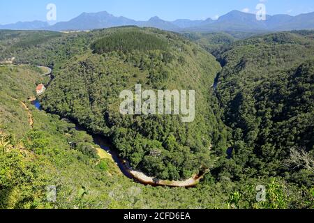 Malerische Landschaft mit einem Fluss, Wäldern und Bergen auf der Garden Route von Südafrika Stockfoto