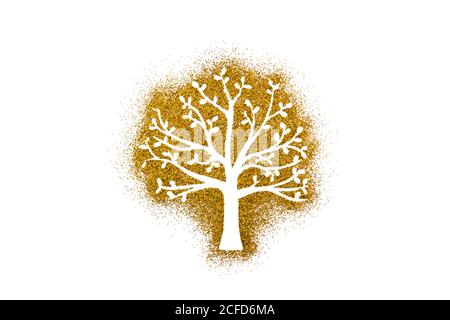 Kleine Baumform auf goldenem Glitter isoliert auf weißem Hintergrund Stockfoto