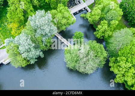 Schöne Sommerparklandschaft mit grünen Bäumen und See mit kleiner Insel. Luftbild Stockfoto