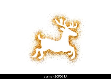 Rentier Weihnachtsdekoration auf goldenem Glitter isoliert auf weißem Hintergrund Stockfoto