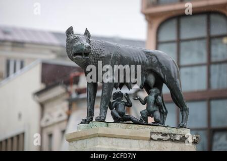 Bukarest, Rumänien - 4. September 2020: Der Kapitolinische Wolf (italienisch: Lupa Capitolina), eine Skulptur, die eine Szene aus der Legende der Gründung darstellt Stockfoto