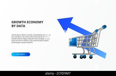 Wachstum Shopping Wirtschaft Einzelhandel mit Abbildung von Cart Trolley und blau nach oben Pfeil Konzept. Landing Page Illustration Stock Vektor
