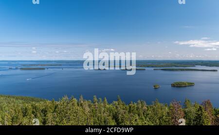 Berühmte Aussicht auf den Pielinen See, Wald, Inseln, Koli Berg, Koli Nationalpark, Nord-Karelien, Finnland Stockfoto