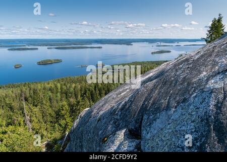 Berühmte Aussicht auf den Pielinen See, Wald, Inseln, Koli Berg, Koli Nationalpark, Nord-Karelien, Finnland Stockfoto