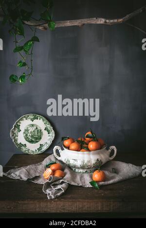 Anspruchsvolles Stillleben mit reifen orangen Mandarinen mit grünen Blättern In tiefweißer Schale auf Tisch auf grauem Hintergrund mit Baumstruktur Stockfoto