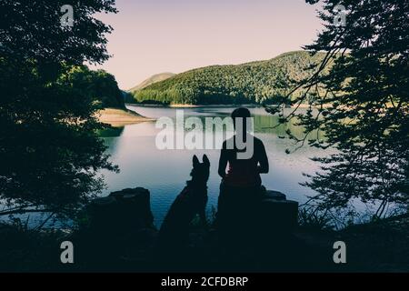 Frau mit Hund ruht gegen schönen See Stockfoto