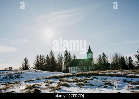 Vallingvallakirkja Kirche, Thingvellir Nationalpark, Island im Winter Stockfoto