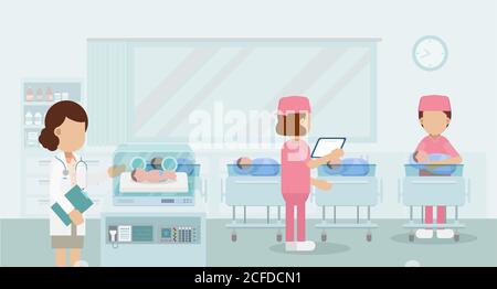 Entbindungsstation mit Kinderarzt und Neugeborenen flache Design-Vektor Abbildung Stock Vektor