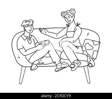 Romantische liebevolle Paar oder Mitbewohner sitzen auf Trainer oder Sofa und sprechen, mit Gespräch. Stock Vektor
