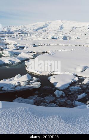 Eisschollen treiben im Winter auf Jokulsarlon, Island Stockfoto