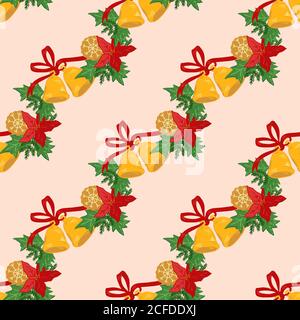 Weihnachten Urlaub Diagonale Streifen Nahtloses Muster mit Cookies und Weihnachten Bells. Stock Vektor