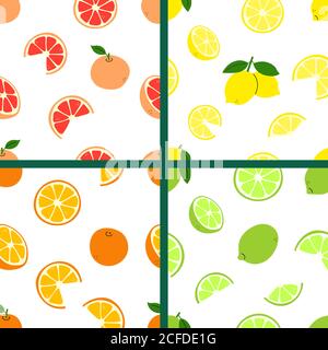 Kollektion von Zitrusfrüchten. Zitrone, Limette, Orange, Grapefruit. Obst Hintergrund, Tapete. Vitamin C. Vector Set von hellen modernen nahtlose Muster Stock Vektor