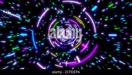 Tunnel mit leuchtenden Neonlinien. Blau rot rosa und violett bunte Beleuchtung. Fluoreszierende ultraviolette Lichter im Raum. Nahtloser 3D-Rendering-Hintergrund. Stockfoto