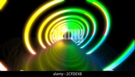 Abstraktes Fliegen in futuristischen Disco-Star-Korridor. Hintergrund, fluoreszierendes UV-Licht, blau rosa grünes Spektrum, 3D-Rendering 3D-Illustration Stockfoto