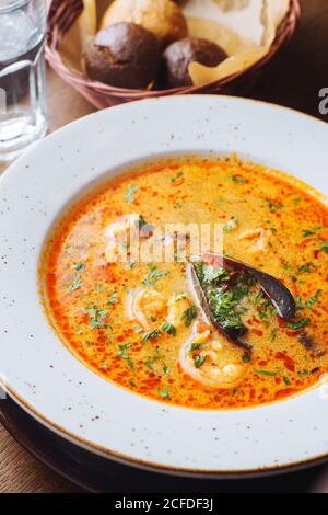 Von oben appetitlich aromatische Tomatensuppe mit Steinpilzen Und grüne Kräuter auf weißem Teller serviert Stockfoto
