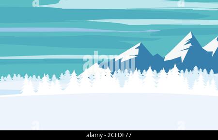 Winterlandschaft, Cartoon minimaler Stil. Horizont, Panorama, verschneite Bäume, Dorf, Berge, aß, Kiefer. Vektor, Illustration, isoliert Stock Vektor