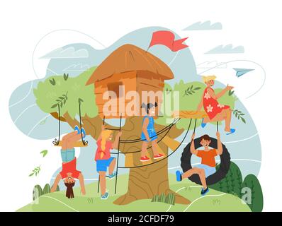 Kinder spielen auf Baumhaus. Sommerlandschaft. Stock Vektor