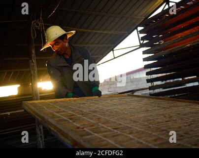 (200905) -- DELINGHA, 5. September 2020 (Xinhua) -- Li Fuwen bewegt die Tafeln zum Trocknen von Goji-Beeren im Dorf Quanshui in der autonomen Präfektur Haixi Mongolisch und Tibetisch, nordwestlich der chinesischen Provinz Qinghai, 2. September 2020. Li Fuwen, 51, lebt im Dorf Quanshui der Stadt Delingha, Haixi. Im Jahr 2011, als die Goji-Beere-Industrie im Qaidam-Becken boomte, beschloss Li, der auf Baustellen gearbeitet hatte, in seine Heimatstadt zurückzukehren, um Goji-Beeren anzubauen. Im Jahr 2014, seine Beeren schließlich in die volle Obstperiode. Li verdiente in dieser Saison 120,000 Yuan (etwa 17,541 US-Dollar). Seit Stockfoto