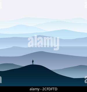Minimalistische Berglandschaft, Silhouetten, öffnen Sie Ihre Welt, einsame Forscher, Horizont, Perspektive, Vektor, Illustration, isoliert Stock Vektor