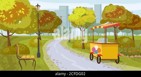 Stadtpark, Bäume, Weg in die Stadt, Bank, Stall mit Eis, im Hintergrund Stadthäuser, Vektor, Cartoon-Stil, Illustration, isoliert Stock Vektor