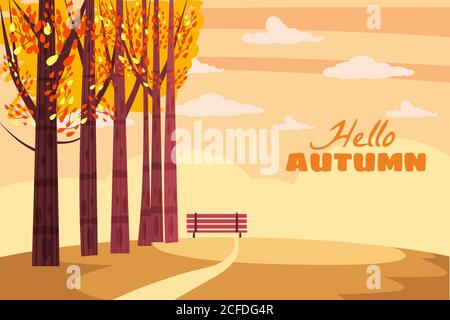 Herbstlandschaft, Herbstbäume mit gelben Blättern, einsame Bank für die Betrachtung der Herbstnatur, Vektor, isoliert, Cartoon-Stil Stock Vektor