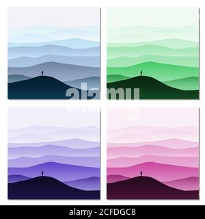Set von minimalistischen Berglandschaft, Silhouetten, öffnen Sie Ihre Welt, einsame Forscher, Horizont, Perspektive, Vektor, Illustration, isoliert Stock Vektor