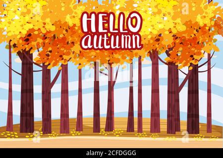 Hallo Herbst, Herbstallee, Pfad im Park, Herbst, Herbstblätter, Schriftzug, Stimmung, Farbe, Vektor, Illustration, Cartoon-Stil, isoliert Stock Vektor