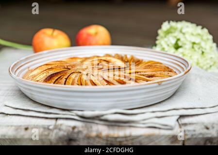 Apfelkuchen in runder Form gebacken und mit Apfelscheiben verziert, verziert mit zwei Äpfeln und einer weißen Hortensienblume Stockfoto