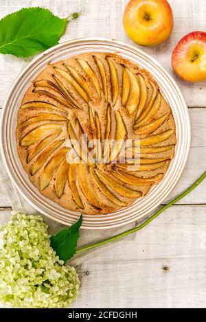 Apfelkuchen in runder Form gebacken und mit Apfelscheiben verziert, verziert mit zwei Äpfeln und einer weißen Hortensienblume Stockfoto