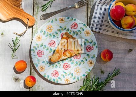 Ein Stück Aprikosenkuchen auf einem bunten Teller, eingerahmt von Aprikosen, Rosmarin, Gabel und Schneidebrett Stockfoto