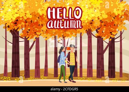 Hallo Herbst, Autumn Gasse, Paar Kerl und Mädchen Zeichen zu Fuß entlang des Weges im Park, Herbst, Herbstblätter, Stimmung, Farbe, Vektor, Illustration Stock Vektor