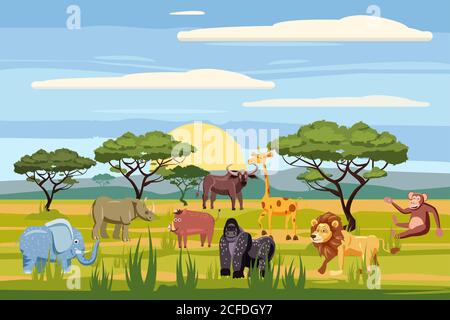 Set von Cartoon afrikanische Tiere, Hintergrundlandschaften Savanne. Safari Tiere, Nilpferd, Nashorn, Elefant, Giraffe, Löwe, Affe, Büffel Stock Vektor