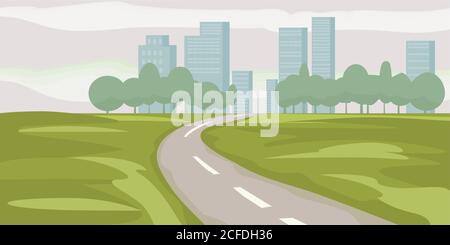 Straße Weg zu Stadtgebäuden am Horizont Vektor Illustration, Autobahn Stadtbild Cartoon-Stil, moderne große Wolkenkratzer Stadt weit weg voraus, Perspektive Stock Vektor