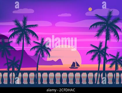 Tropischer Sonnenaufgang an der Küste, Meereslandschaft mit Palmen, Böschung, Balustern, minimalistische Illustration. Seascape Sonnenaufgang oder Sonnenuntergang. Ozeanlandschaft mit Stock Vektor